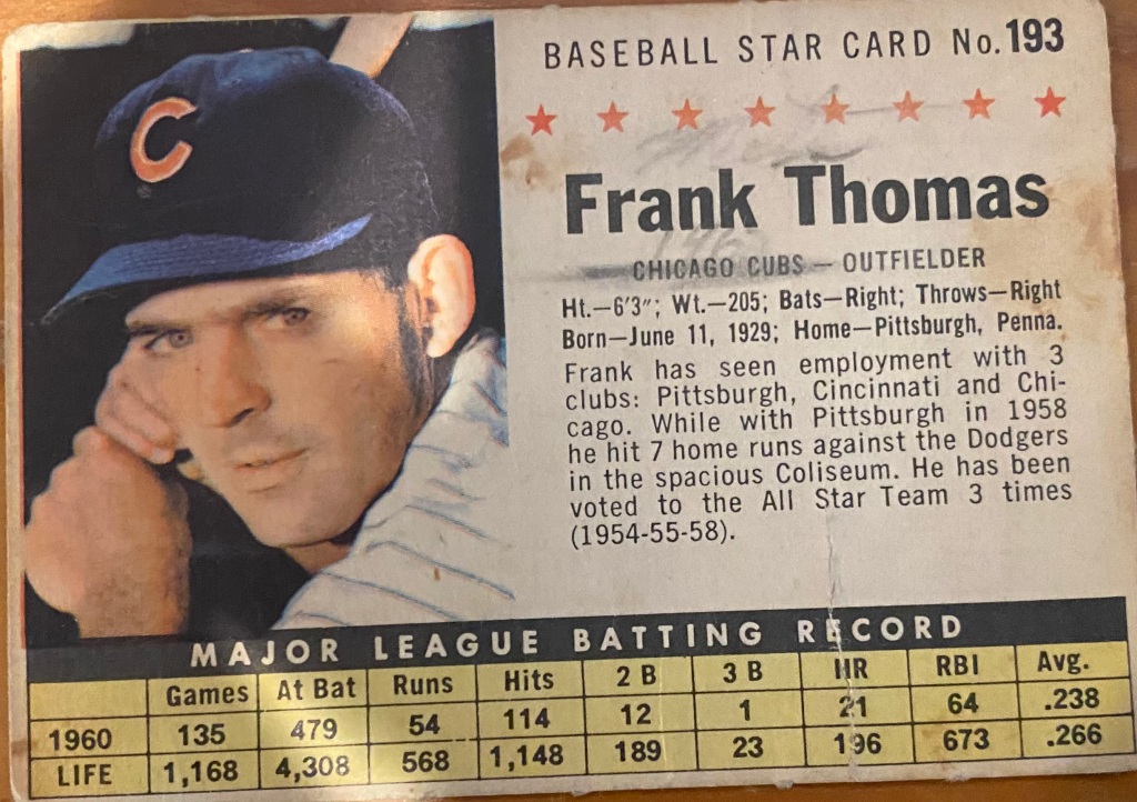Frank Thomas hit 286 home runs in his major league career, but it was the swing that struck a teammate for which he's best remembered, if infamously so, in at least one of the seven cities he played in. Thomas, who died last month at age 93, has the same name as the better-known and more recent Hall of Famer. This Frank Thomas hit 235 fewer homers than that Frank Thomas, who played a couple of generations later. Together they combined for 807 home runs, the most of any single name in the Hall of Fame. When the younger Frank Thomas was inducted into the Hall of Fame in 2014, the older was invited, according to his New York Times obit, and signed photos. Thomas, who by the time of his retirement had played for seven of the 10 National League teams, represented the Pirates, for whom he played the longest and hit the majority (163) of his home runs. Thomas from the Times obit: “My name is always going to be in the Hall of Fame.” In Philadelphia, though he spent only 74 games of two seasons there, it's more likely to be in the Hall of Infamy. In the first in 1964, the Phillies lost Thomas to injury and then 10 straight games and the pennant. In the second, Thomas struck teammate Dick Allen with a bat.